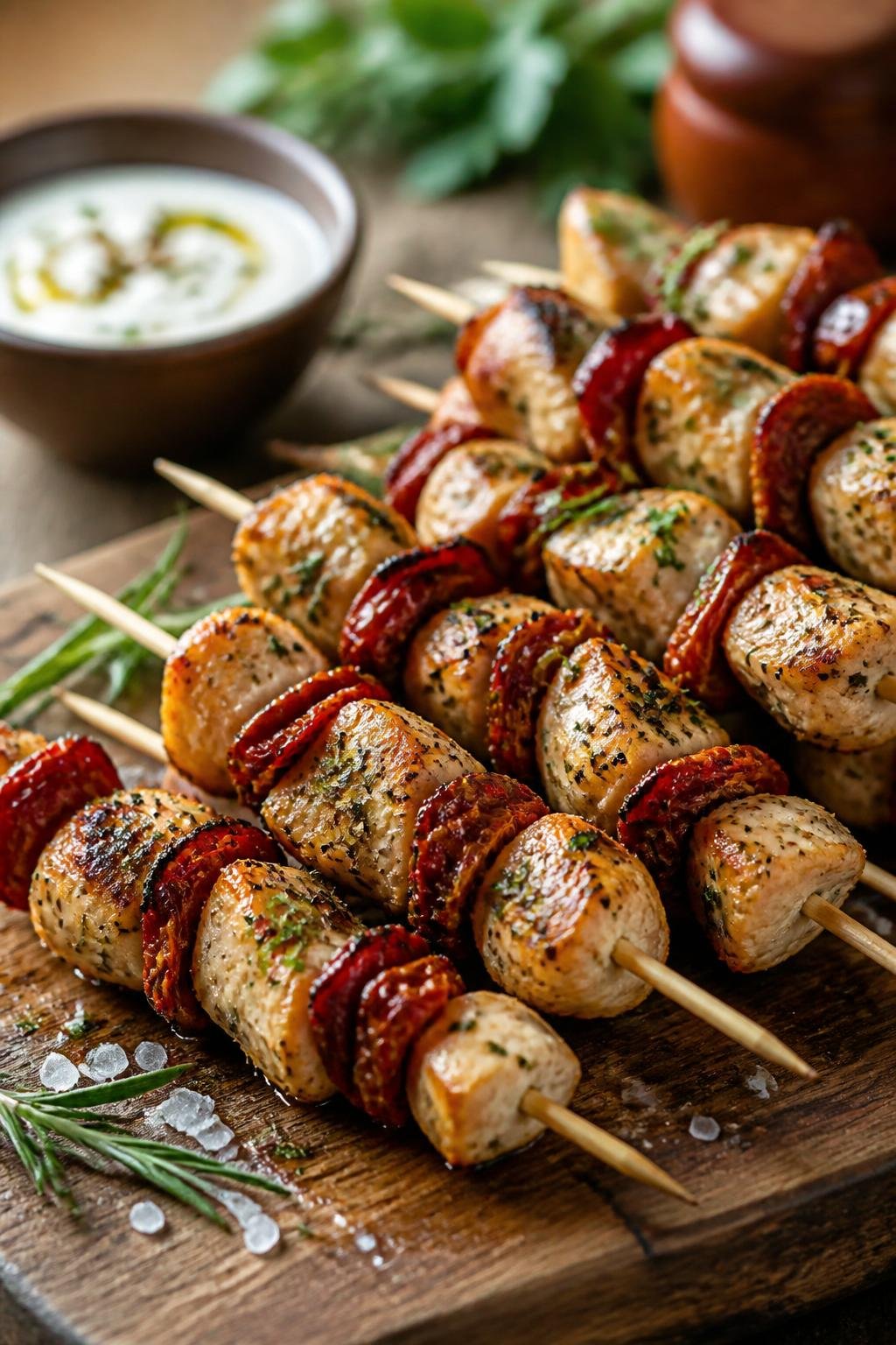 20 Chicken Starter Recipes That Picky Eaters Approve 16 Close-up of grilled chicken skewers with sun-dried tomatoes and herbs arranged on a wooden board with a small bowl of sauce nearby.