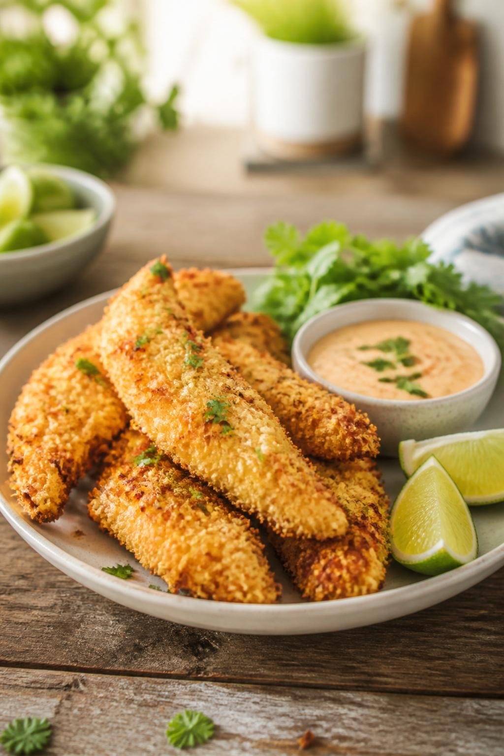 20 Chicken Starter Recipes That Picky Eaters Approve 17 Plate of golden coconut-crusted chicken fingers with dipping sauce and lime wedges on a wooden table.