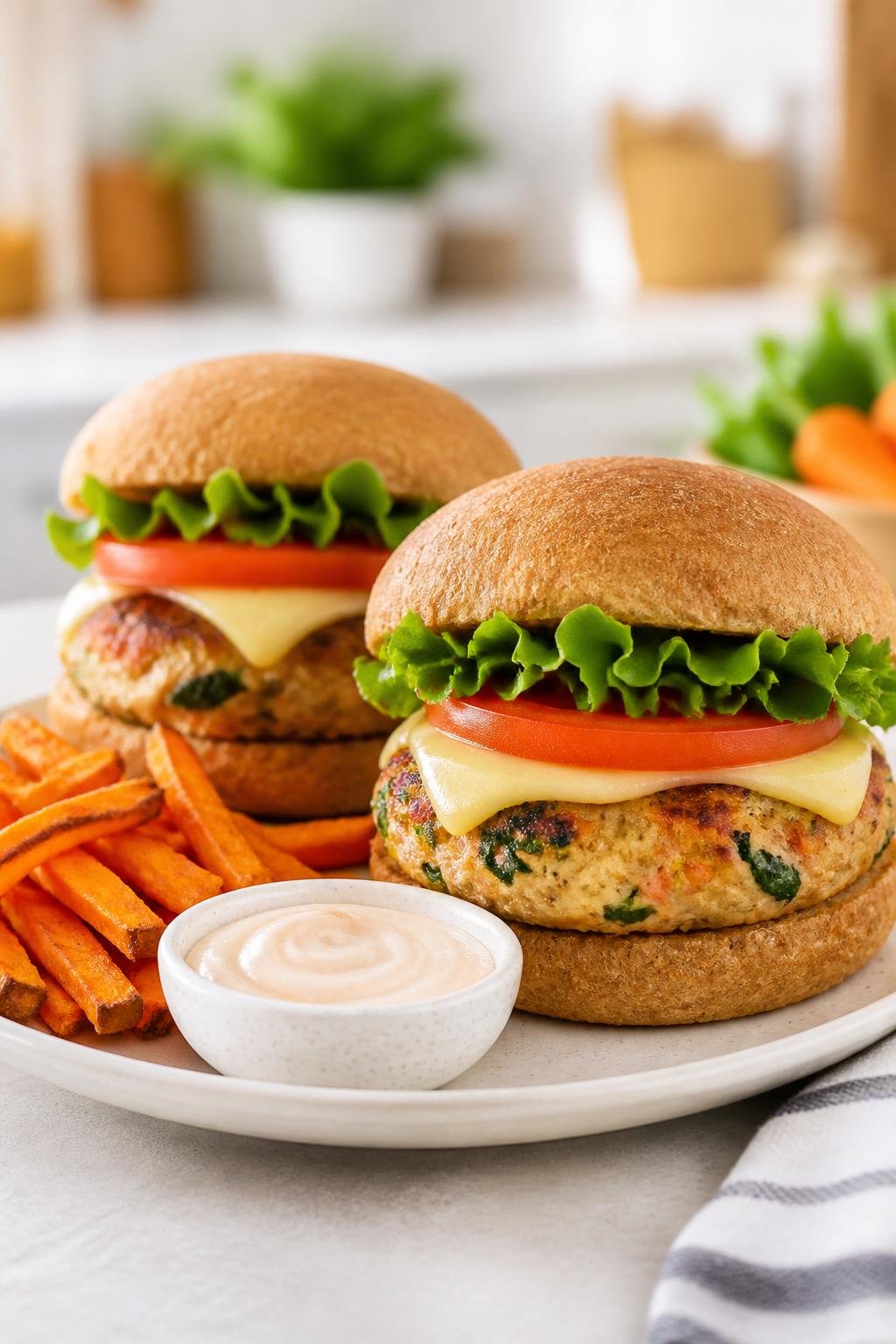 20 Chicken Starter Recipes That Picky Eaters Approve 18 Two chicken burgers with visible vegetables, lettuce, tomato, and cheese on a plate with sweet potato fries and dipping sauce on a kitchen table.