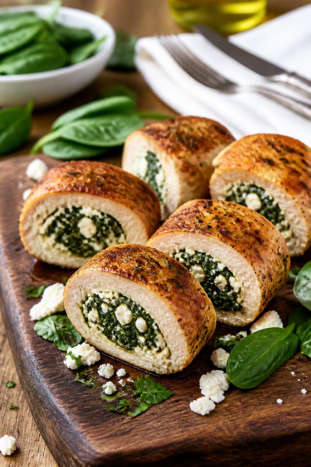 20 Chicken Starter Recipes That Picky Eaters Approve 19 Close-up of sliced spinach and feta stuffed chicken rounds on a wooden board with spinach leaves and feta cheese garnishes.