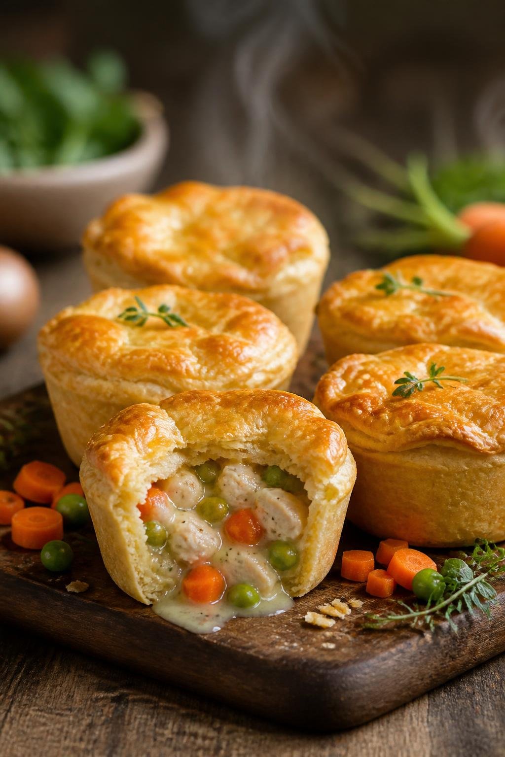 20 Chicken Starter Recipes That Picky Eaters Approve 20 Mini chicken pot pie cups on a wooden board with fresh vegetables around them.