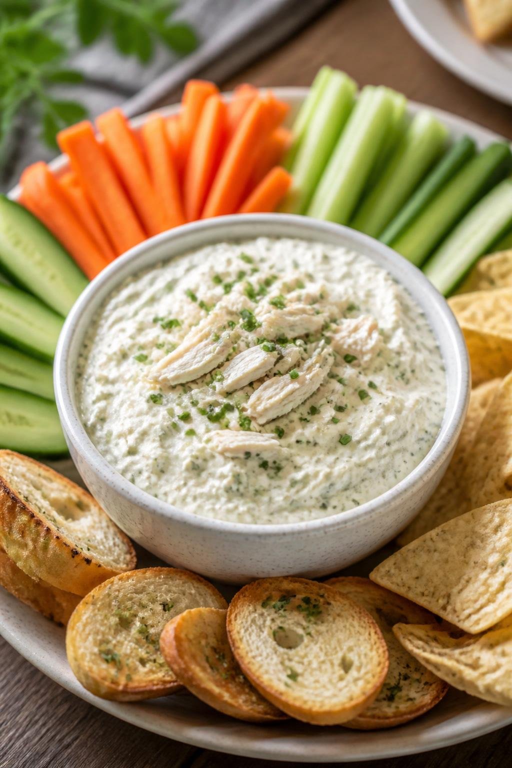 20 Chicken Starter Recipes That Picky Eaters Approve 21 A bowl of sour cream and chive chicken dip surrounded by vegetable sticks, toasted bread slices, and tortilla chips on a wooden table.