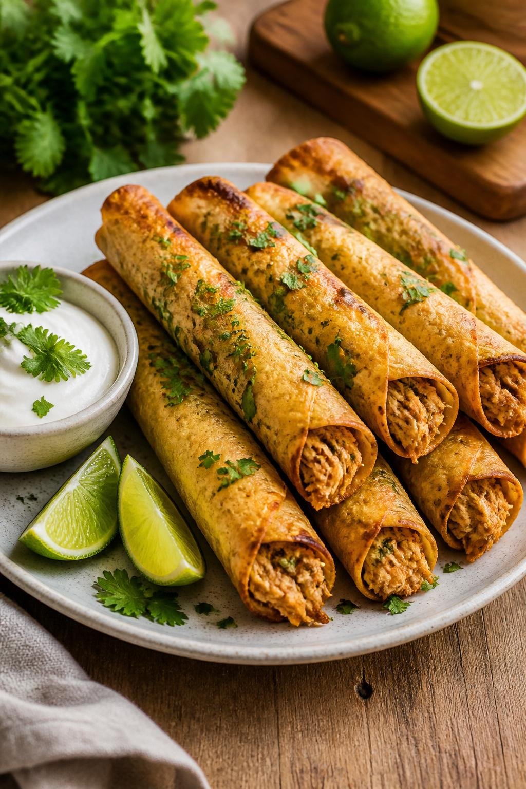 20 Chicken Starter Recipes That Picky Eaters Approve 22 A plate of crispy cilantro-lime chicken taquitos with lime wedges and a bowl of dipping sauce on a wooden table.