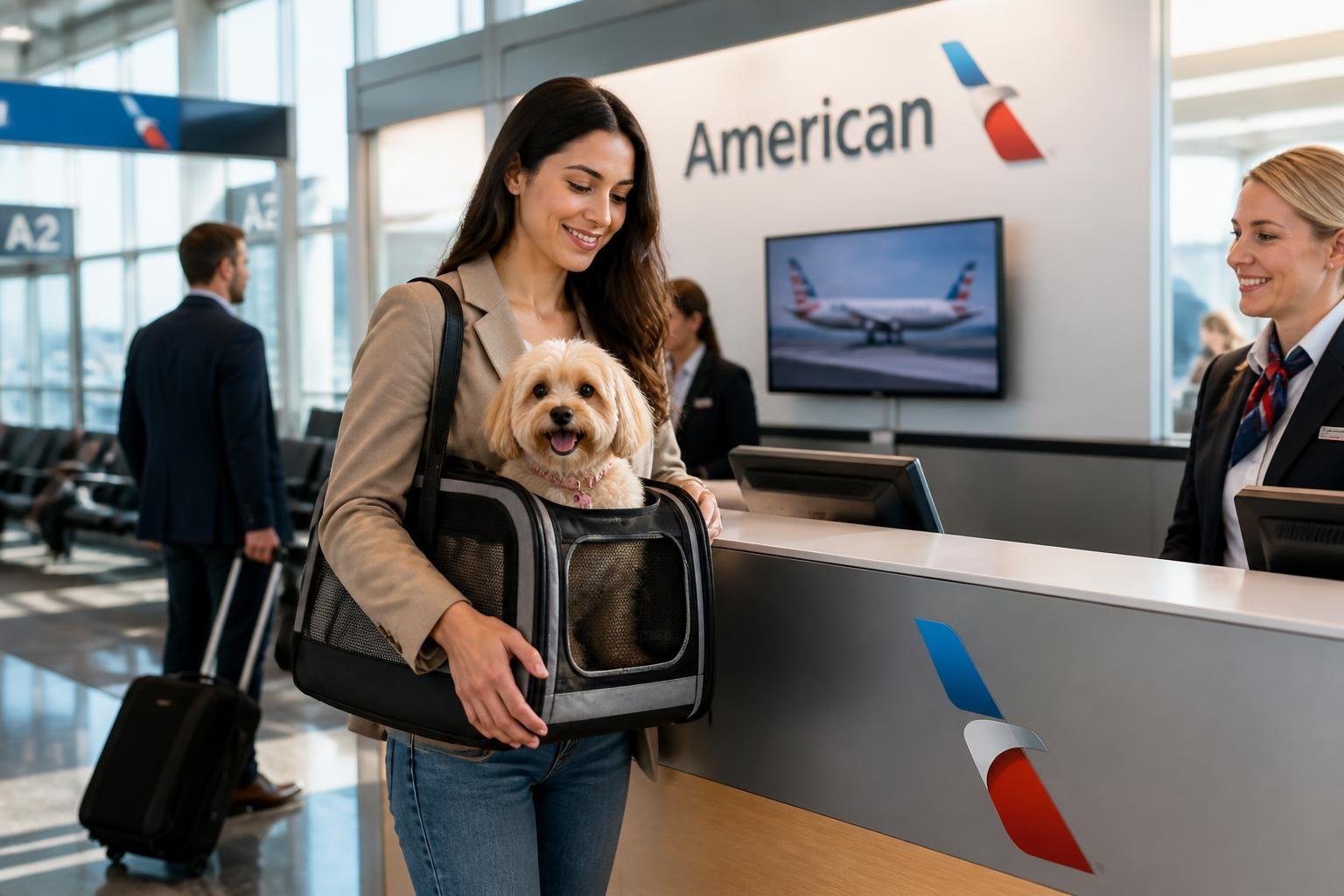 A traveler holding a small dog in a pet carrier near an American Airlines check-in counter at an airport.