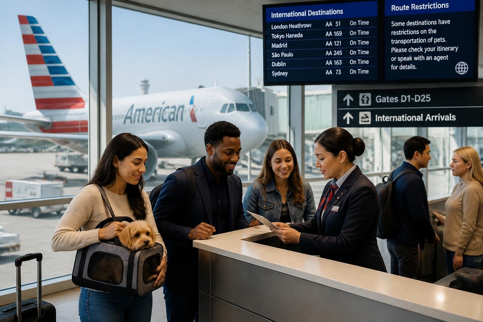 Passengers at an airport check-in counter with an American Airlines plane in the background, including a traveler holding a small dog in a carrier.