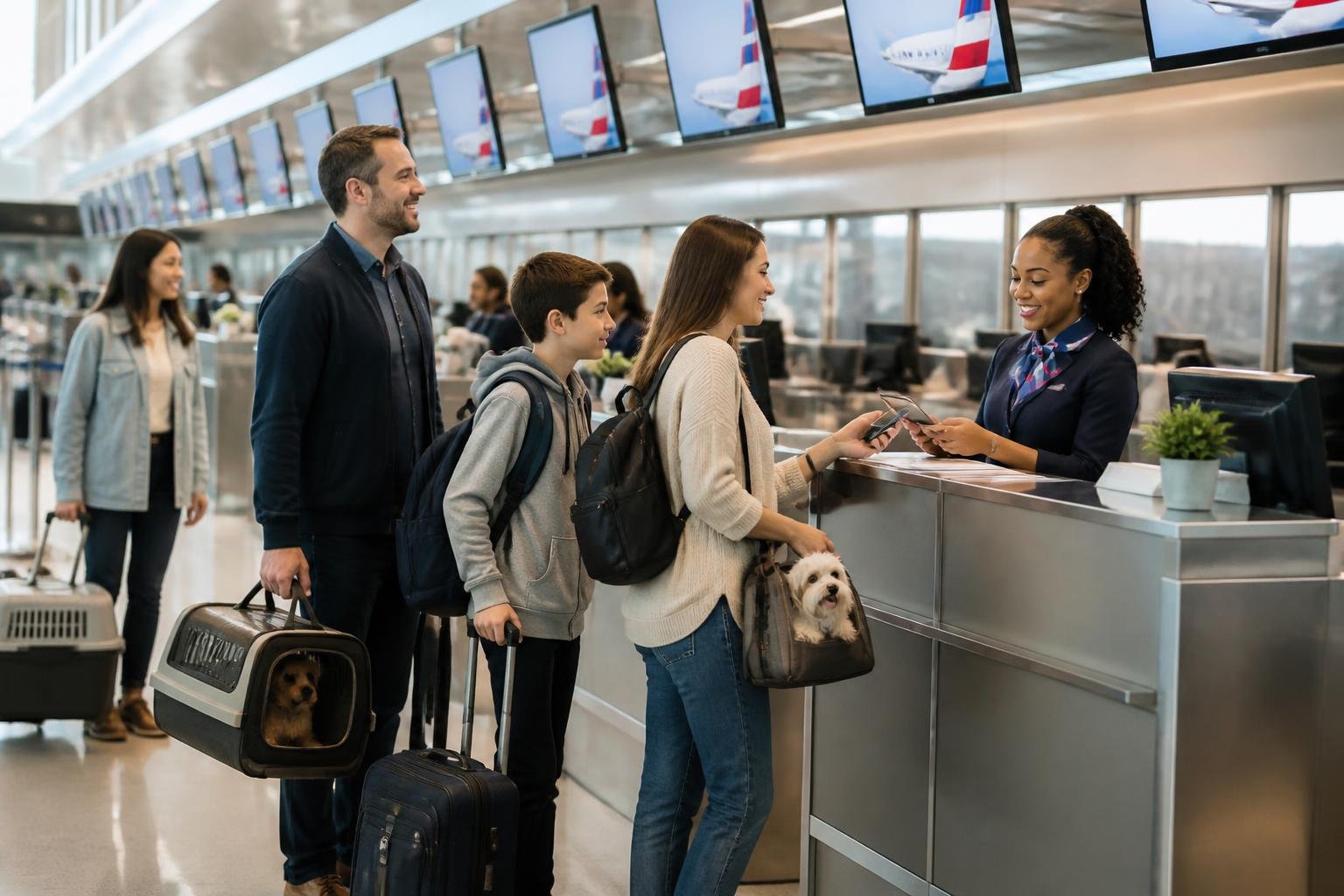 Travelers with pets checking in at an American Airlines airport counter, interacting calmly with airline staff in a bright and organized terminal.