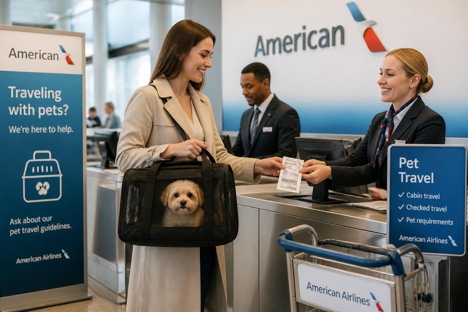 Traveler with a small dog in a pet carrier at an American Airlines check-in counter in an airport terminal.