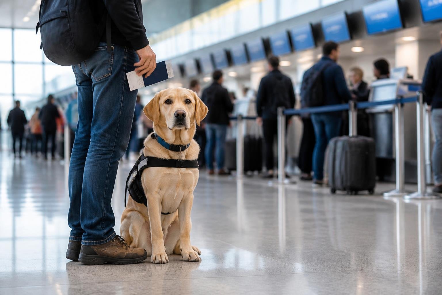 A service dog wearing a harness sitting next to a person holding travel documents in an airport terminal with airline check-in counters and travelers in the background.