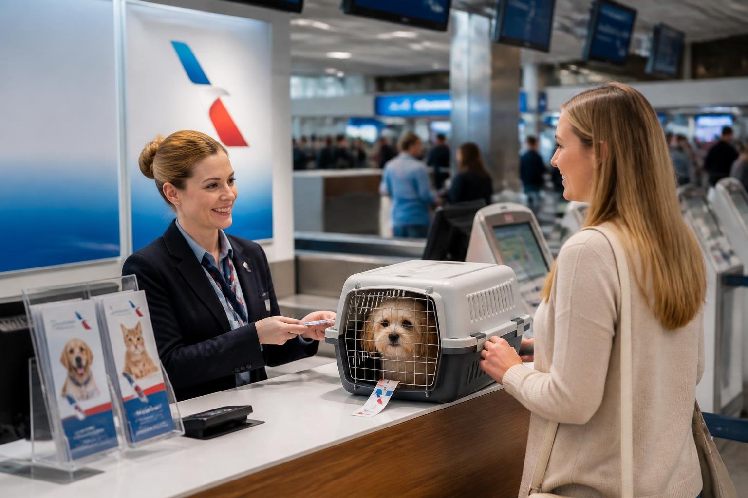 An airline staff member helping a passenger with a small dog in a carrier at an airport check-in counter.