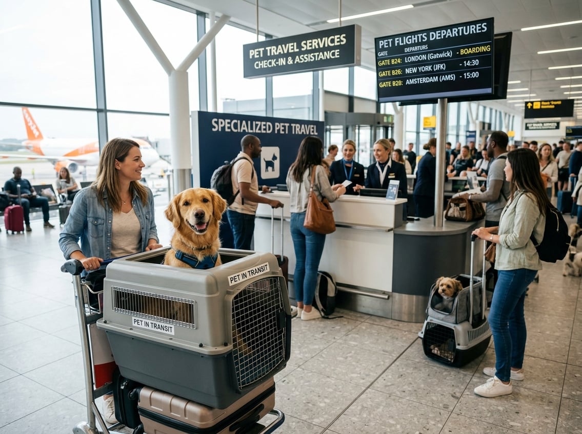 A dog inside a pet carrier at an airport check-in counter with airline staff and passengers preparing for flights.
