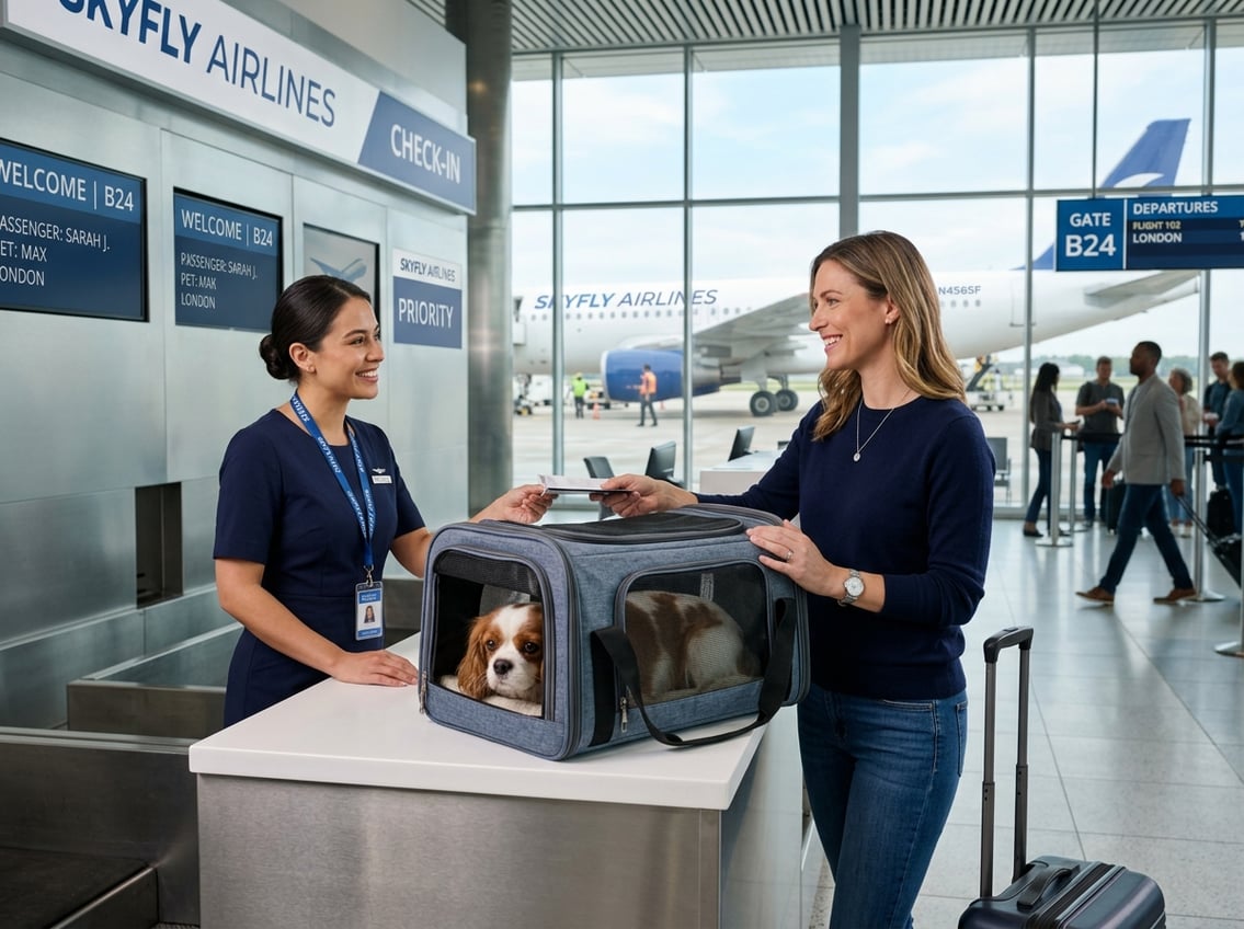A person at an airport check-in counter with a dog in a pet carrier, talking to an airline staff member.