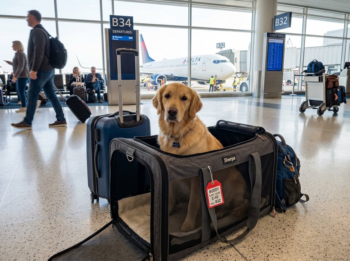 A calm dog inside a pet carrier at an airport terminal with an airplane visible through the windows.