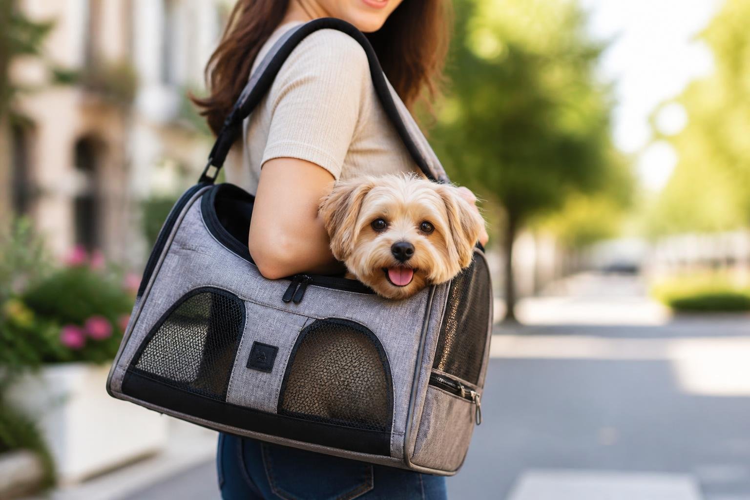 A small dog sitting comfortably inside a dog carrier bag outdoors.