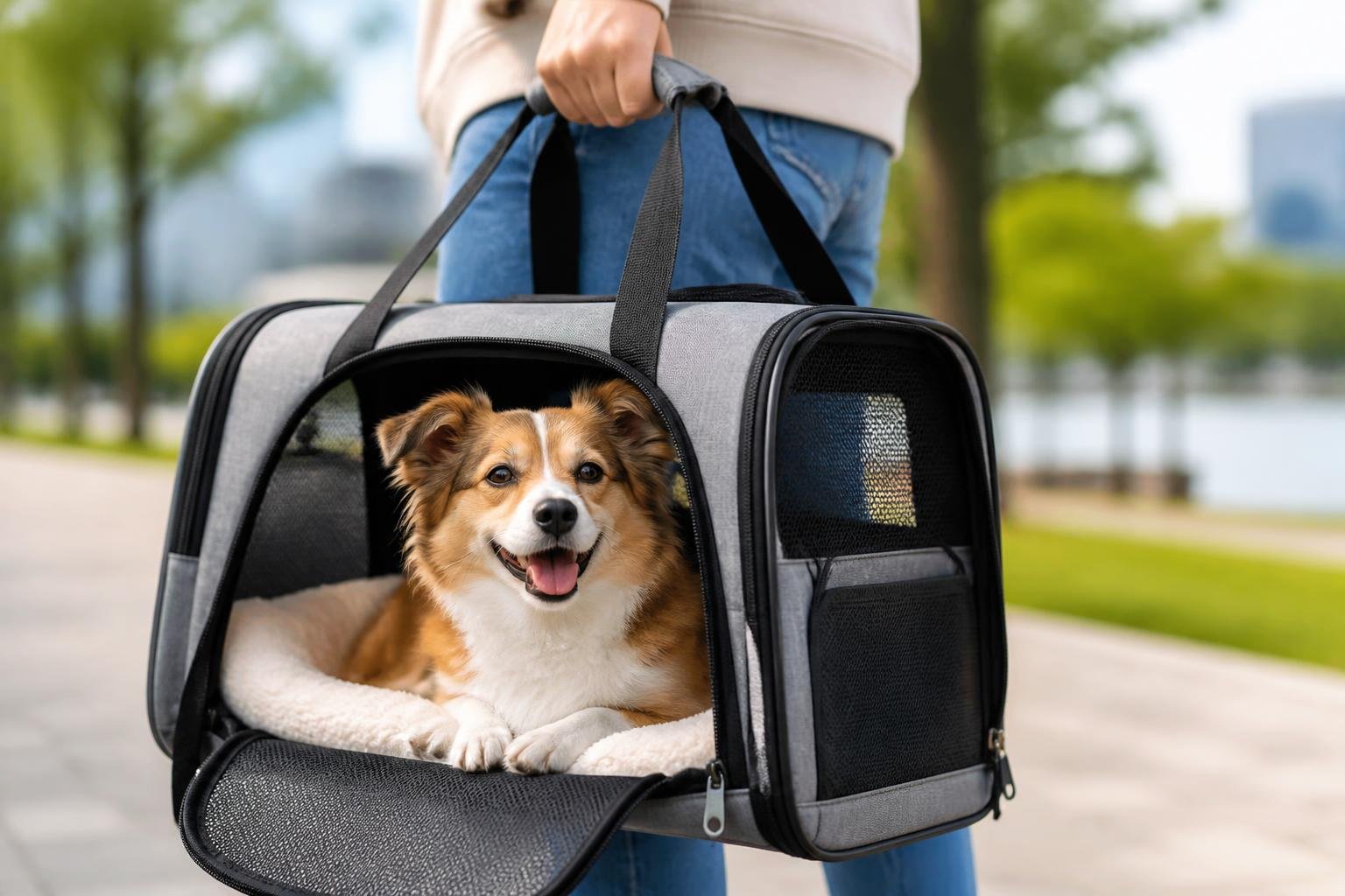 A dog sitting comfortably inside a travel dog bag held by a person outdoors.