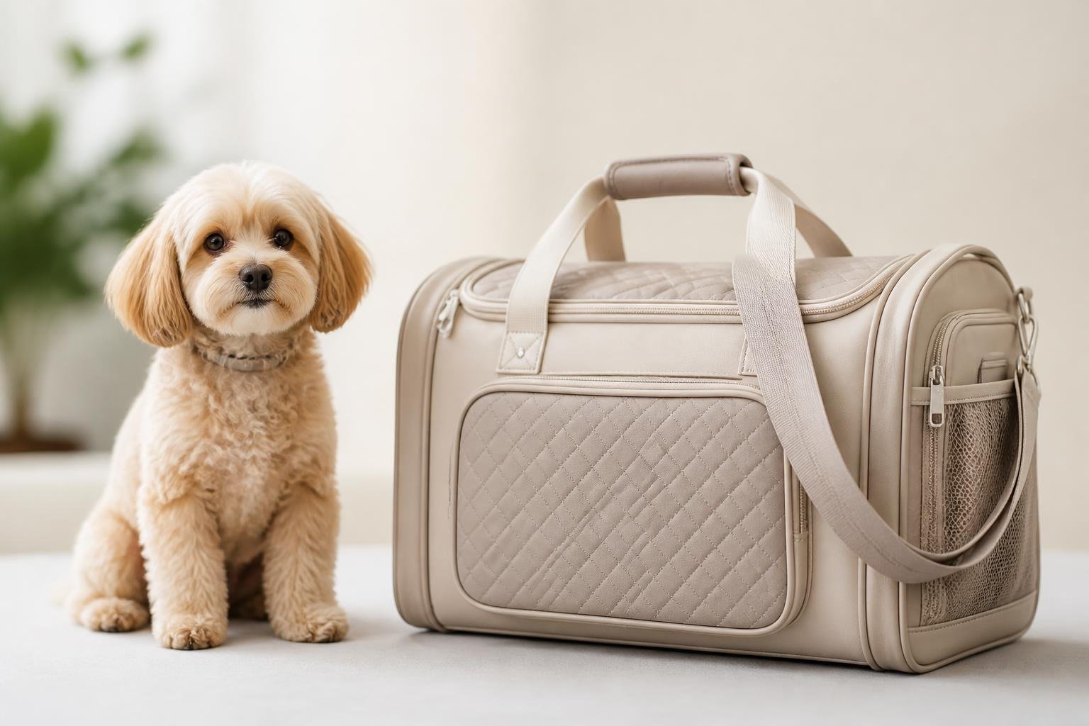A small dog sitting next to a modern dog bag with multiple compartments on a clean surface.