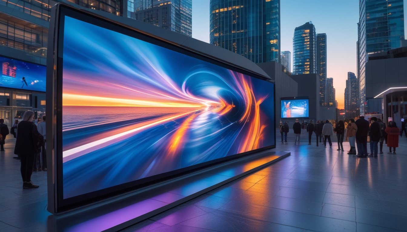 Sebuah videotron modern di lingkungan perkotaan dengan warna-warna cerah dan tampilan visual yang tajam, dikelilingi gedung pencakar langit dan orang-orang yang memperhatikan layar.
