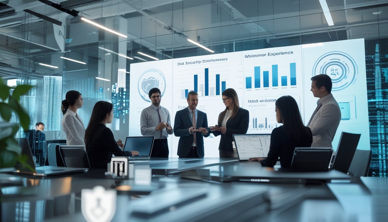 Beberapa profesional bekerja sama di kantor modern dengan perangkat digital, menunjukkan suasana kerja yang aman dan teratur dalam industri keuangan.