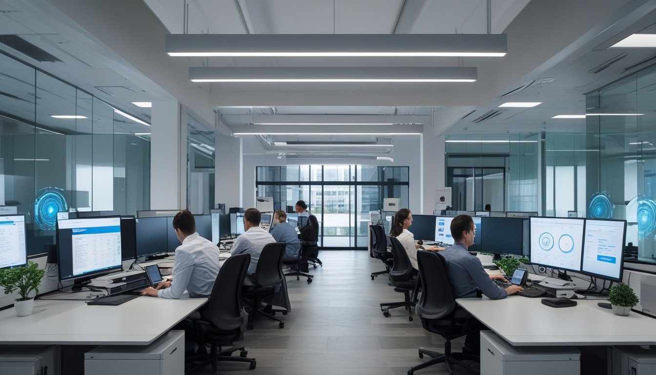 Kantor modern dengan karyawan yang bekerja menggunakan komputer di lingkungan yang aman dan efisien untuk industri keuangan.