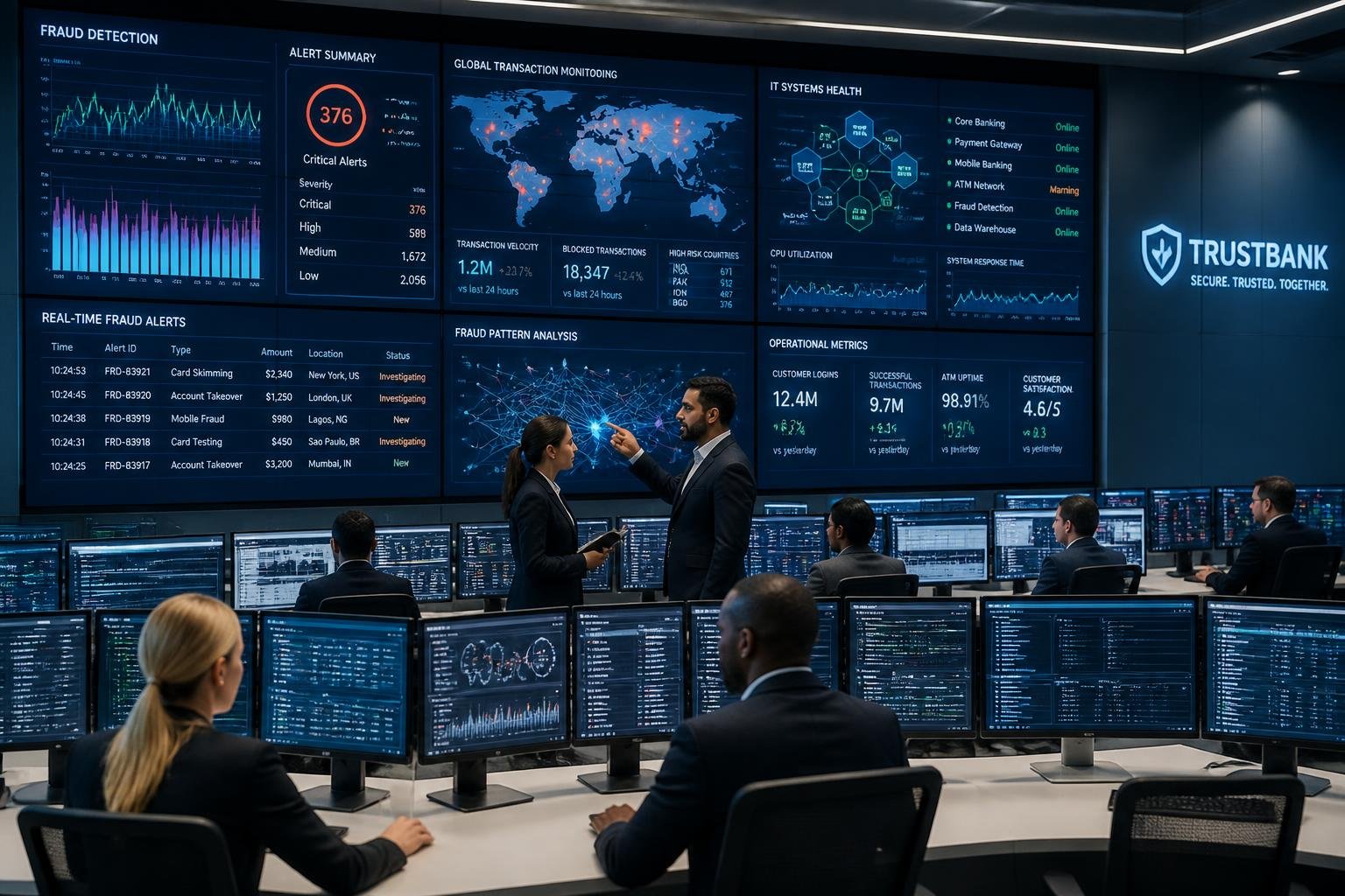 Ruang pusat komando perbankan dengan beberapa layar besar menampilkan data pemantauan fraud, IT, dan operasional secara real-time, dengan profesional yang sedang bekerja dan berkolaborasi.