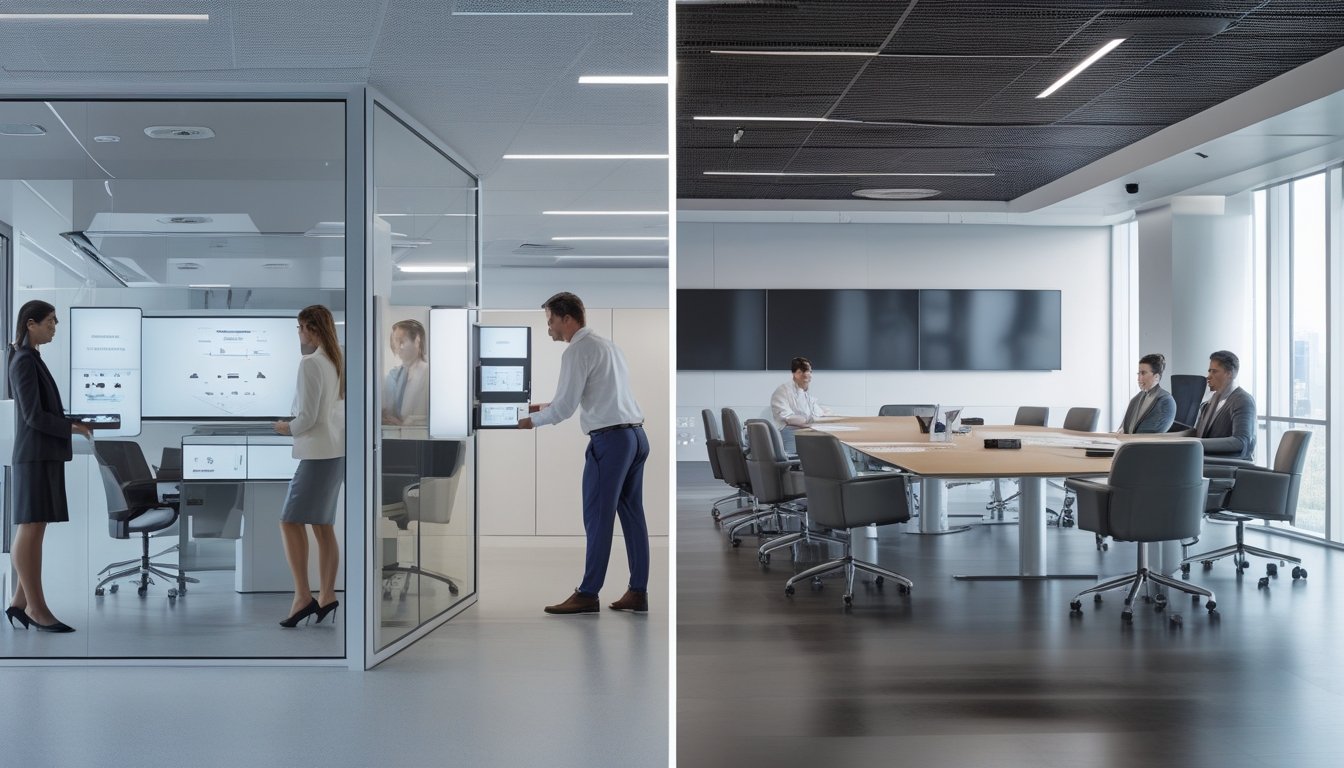 Beberapa ruang kerja modern dengan teknologi Crestron, termasuk ruang kecil untuk rapat dan ruang rapat besar dengan peralatan teknologi canggih, menampilkan orang-orang yang bekerja dan berkolaborasi.