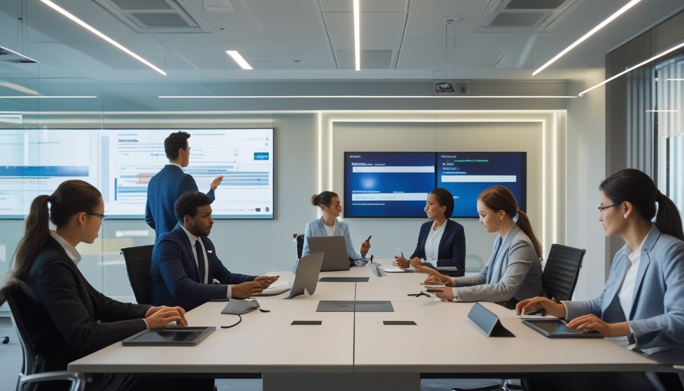 Ruang kantor modern dengan teknologi canggih dan orang-orang sedang rapat dan bekerja sama.