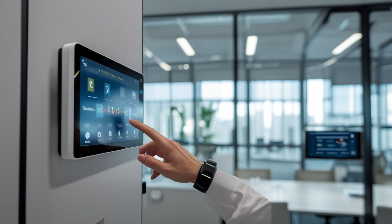 Ruang konferensi modern dengan seseorang menggunakan panel sentuh untuk mengontrol peralatan AV, pencahayaan, dan tirai otomatis.