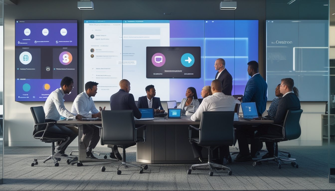 Sekelompok profesional bisnis sedang bekerja sama di ruang konferensi modern dengan peralatan audiovisual canggih dan layar besar yang menampilkan antarmuka platform komunikasi terpadu.