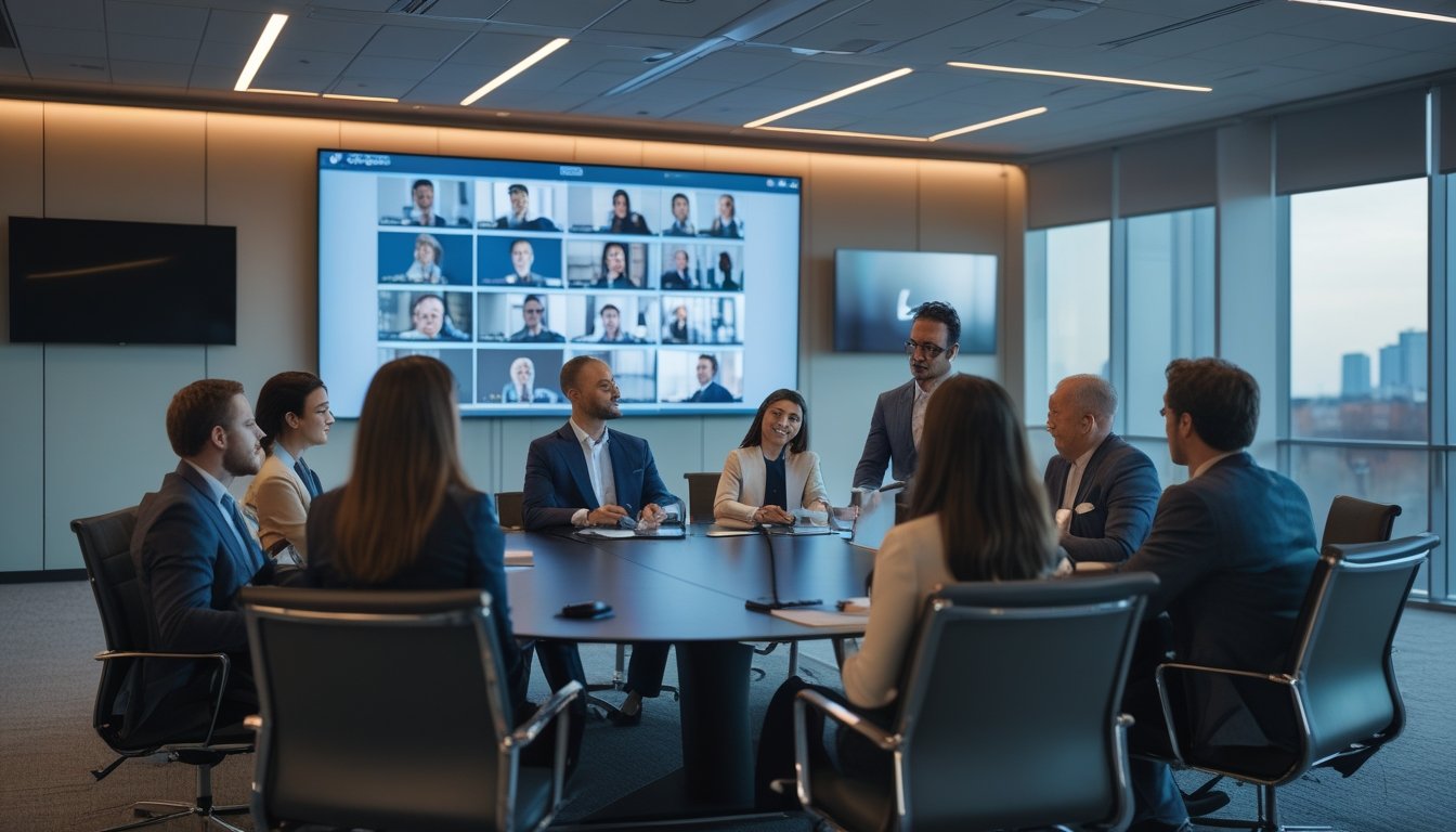 Ruang rapat modern dengan beberapa profesional bisnis sedang mengikuti konferensi video menggunakan layar besar dan peralatan teknologi canggih.