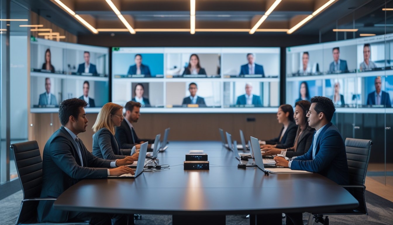 Ruang rapat perusahaan modern dengan profesional yang sedang melakukan konferensi video menggunakan teknologi audiovisual canggih dan panel kontrol Crestron.