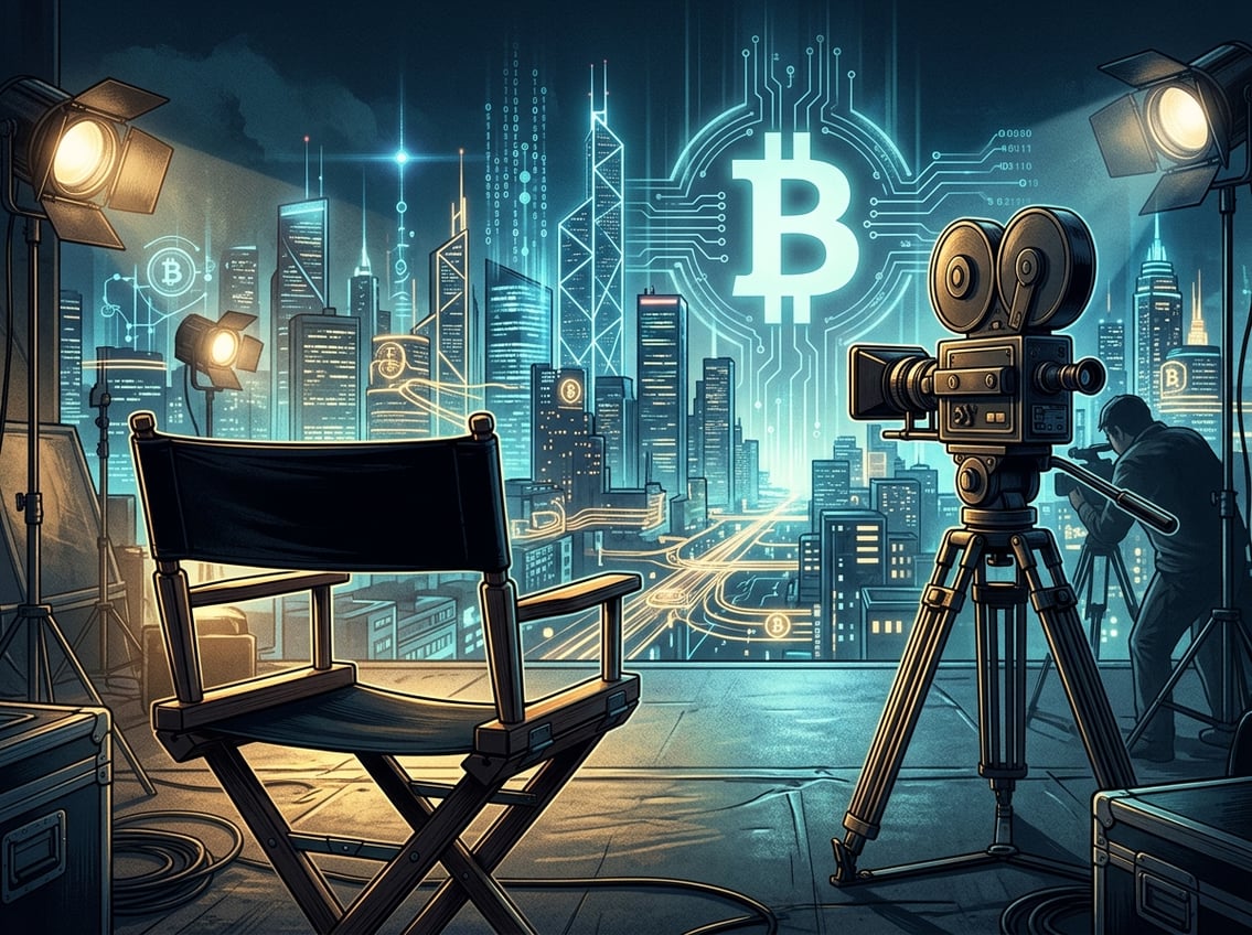 A film set with a director's chair and vintage camera in front of a futuristic cityscape illuminated by neon lights, symbolizing Bitcoin and filmmaking.