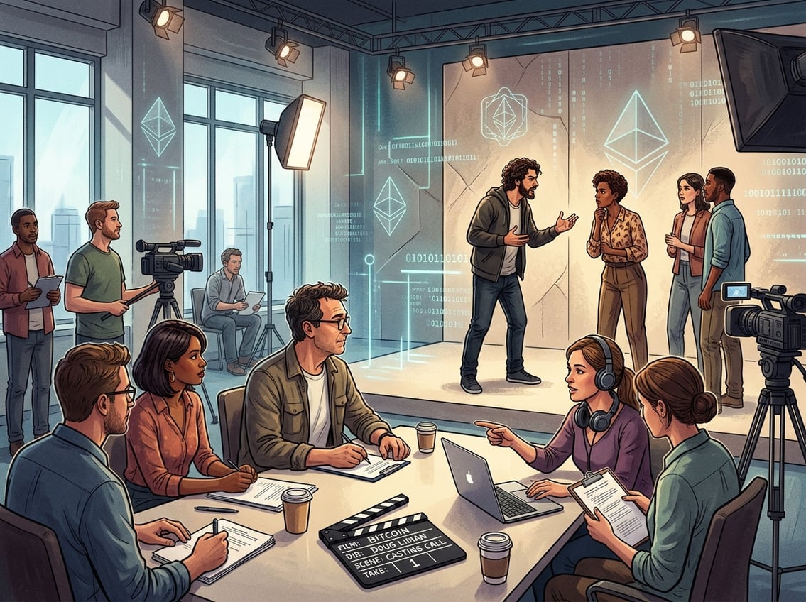A group of actors and a director in a casting room with film equipment, preparing for a movie about Bitcoin.