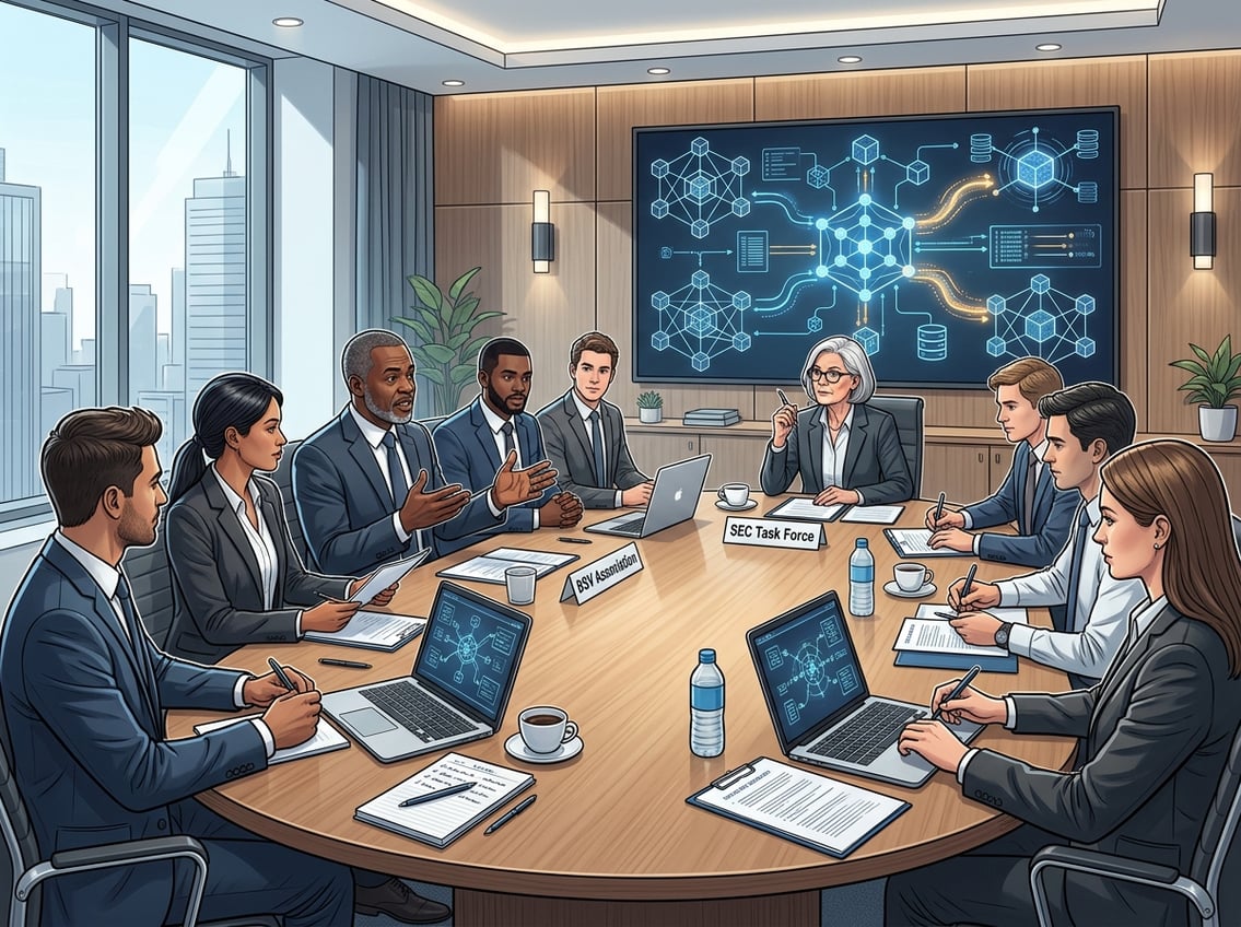 A group of business professionals and regulators meet around a conference table discussing blockchain frameworks, with a digital screen showing blockchain network diagrams in the background.