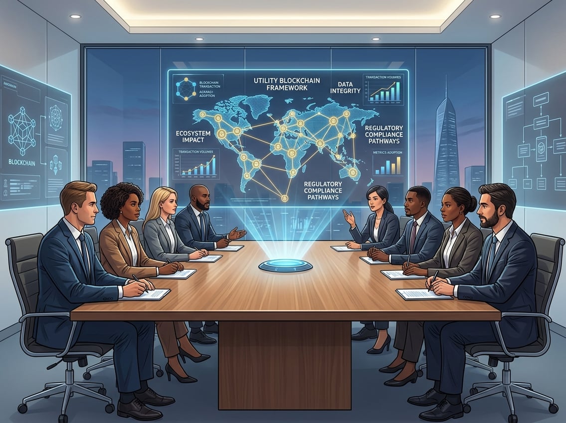 A group of business professionals meeting around a conference table with digital holographic displays of blockchain networks and data charts.