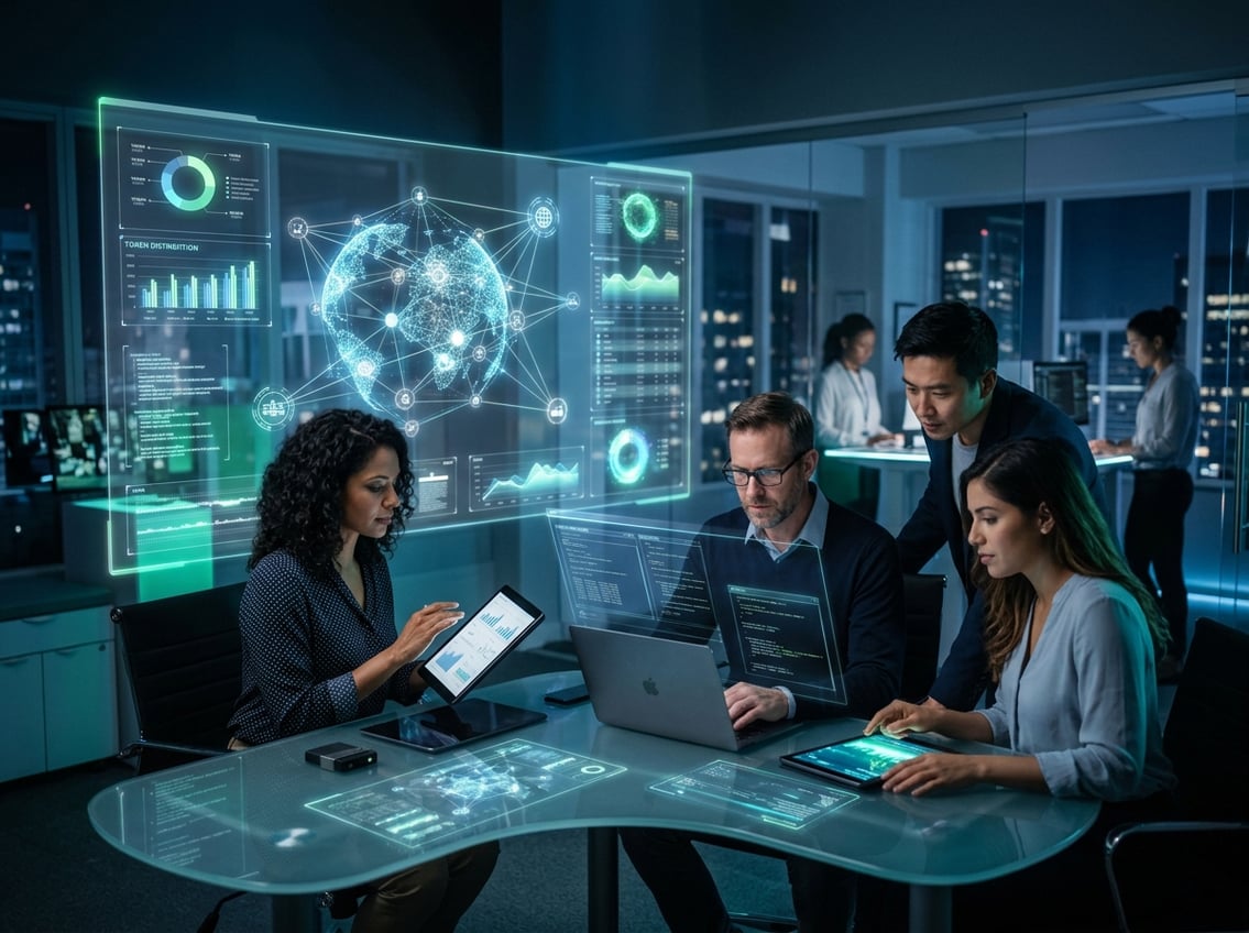A team of professionals working with holographic screens displaying blockchain networks and digital tokens in a modern office setting.