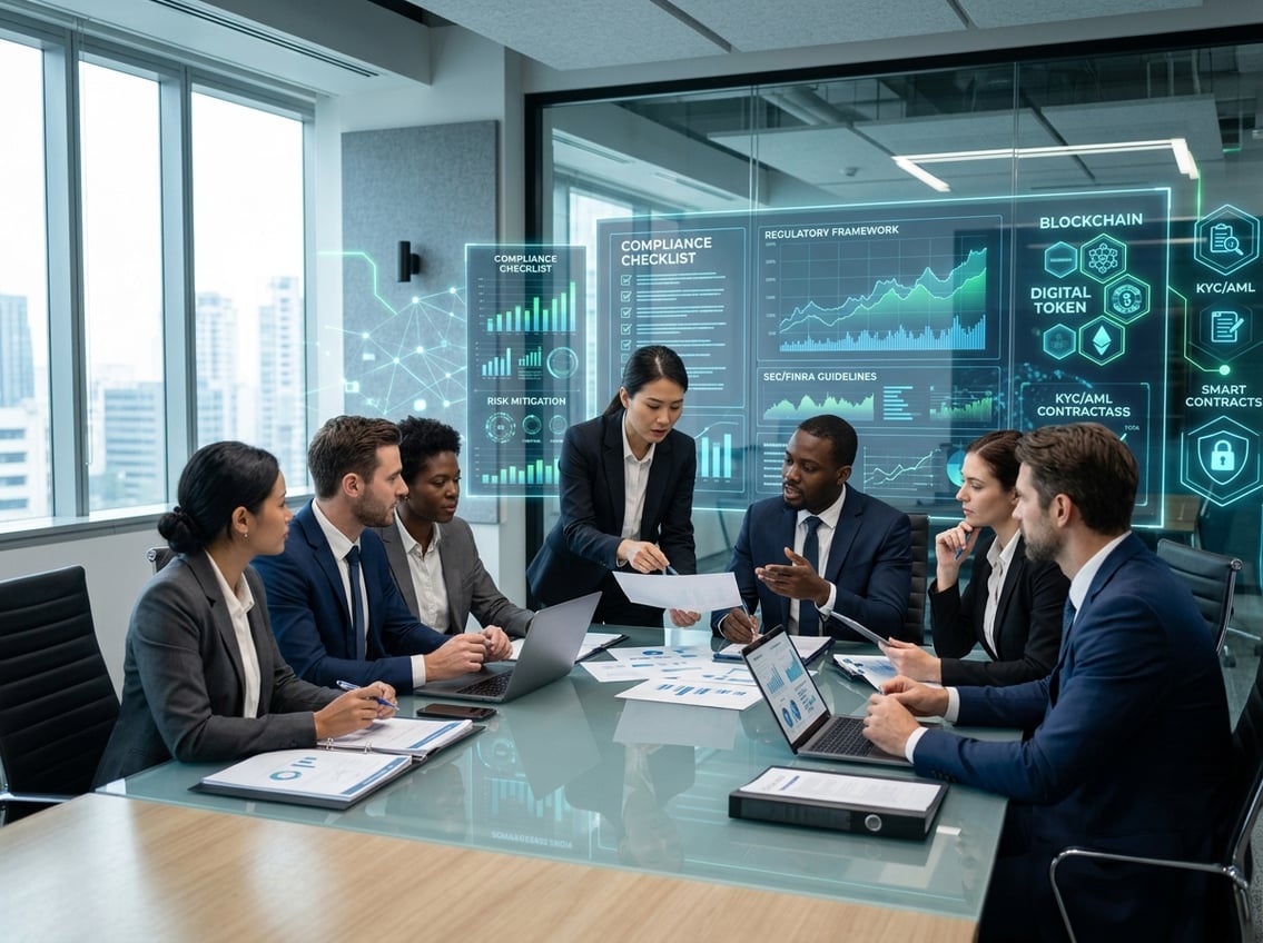 Business professionals in a modern office discussing financial charts and data on transparent screens.