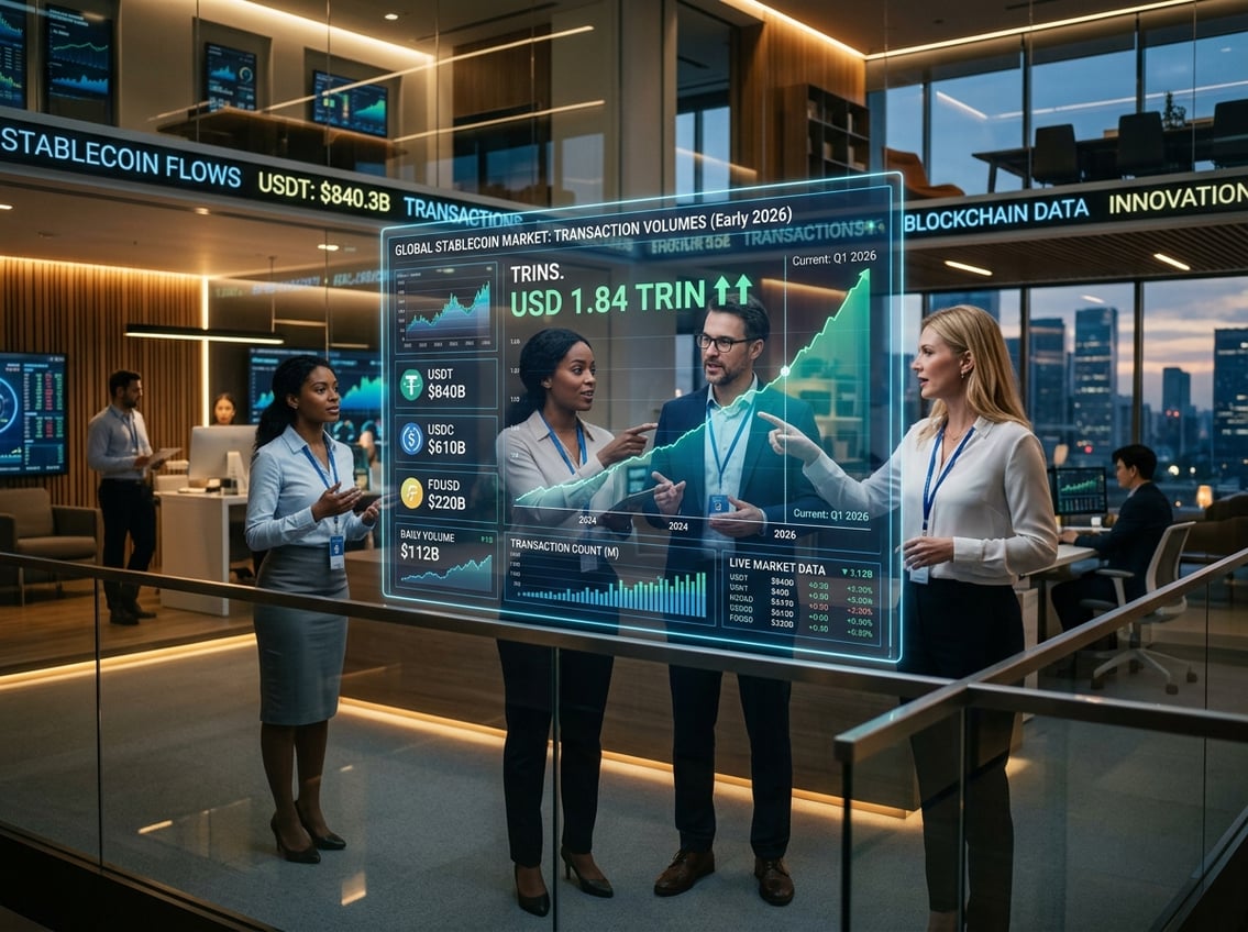 A group of business professionals discussing digital financial data shown on transparent screens in a modern office.