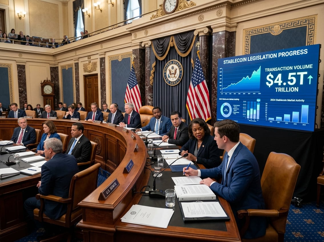 Senators in the U.S. Senate chamber discussing legislation with financial data displayed on a screen nearby.