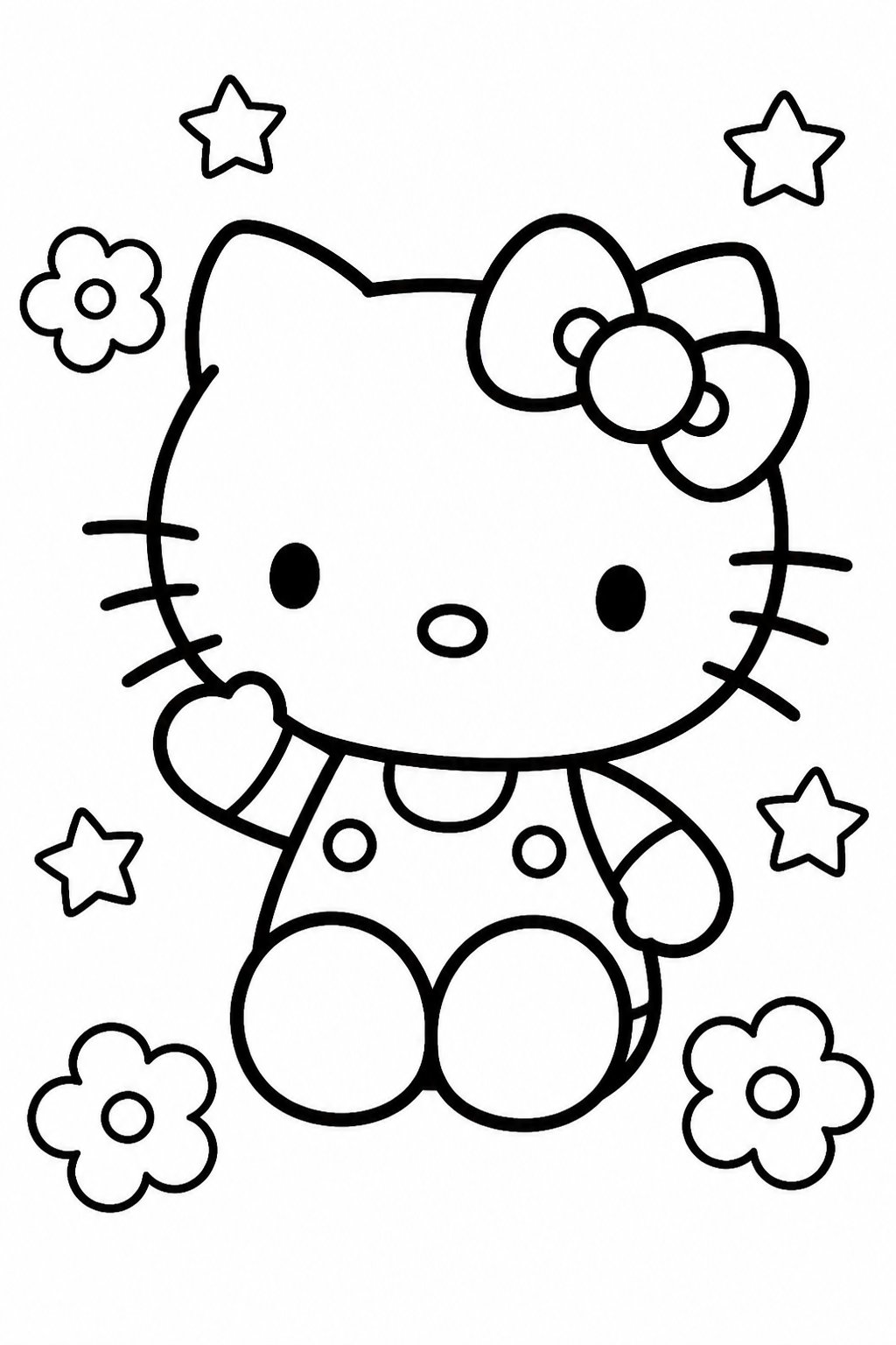 A cute cartoon cat with a bow on its ear sitting surrounded by a few flowers.