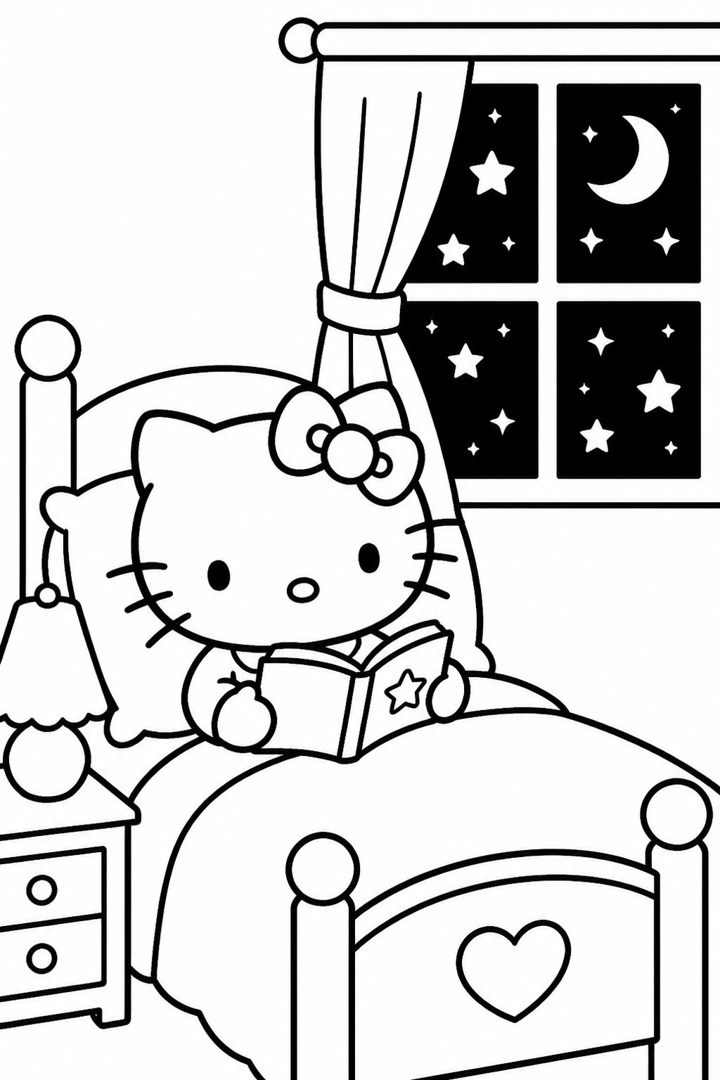 Hello Kitty sitting in bed holding a storybook next to a window showing a starry night sky.
