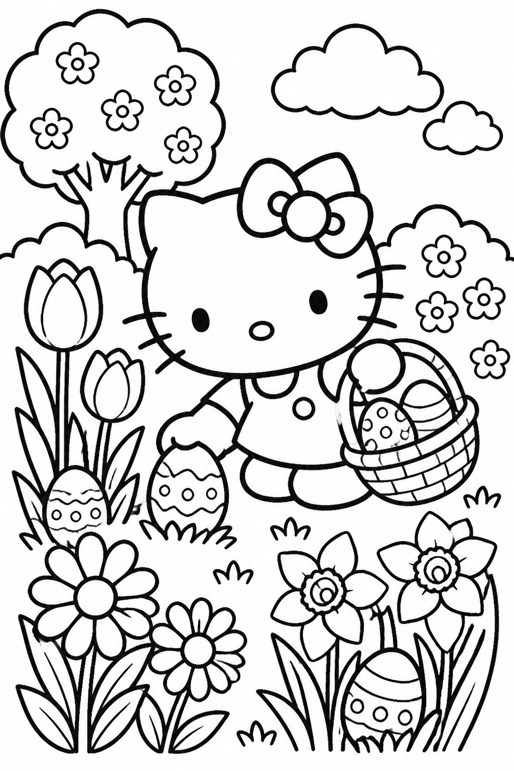 Hello Kitty searching for Easter eggs among spring flowers in a garden.