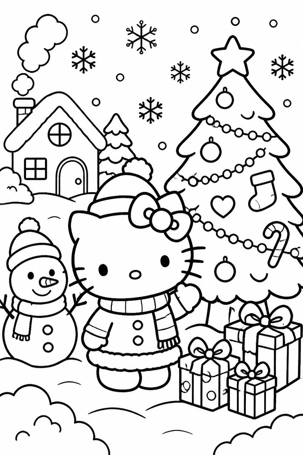 Hello Kitty wearing a winter hat and scarf standing beside a decorated Christmas tree with a snowman, presents, and a cozy house in a snowy winter scene.