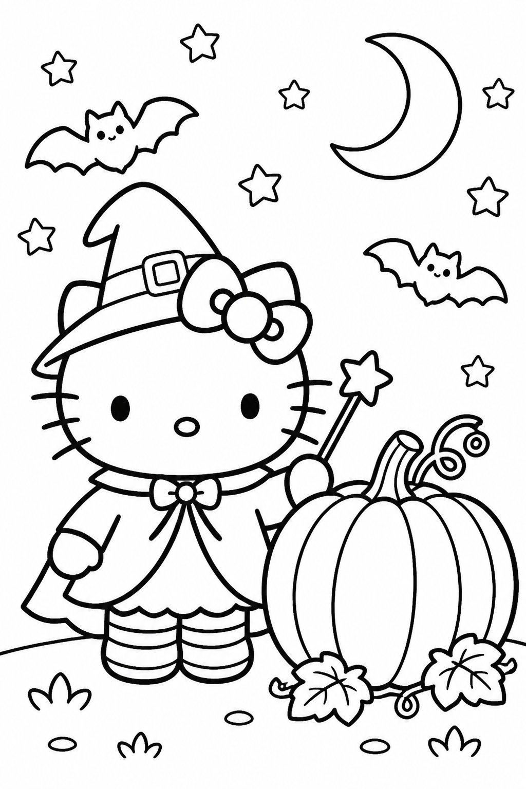 Hello Kitty wearing a Halloween costume standing beside a large pumpkin with bats and a crescent moon in the background.