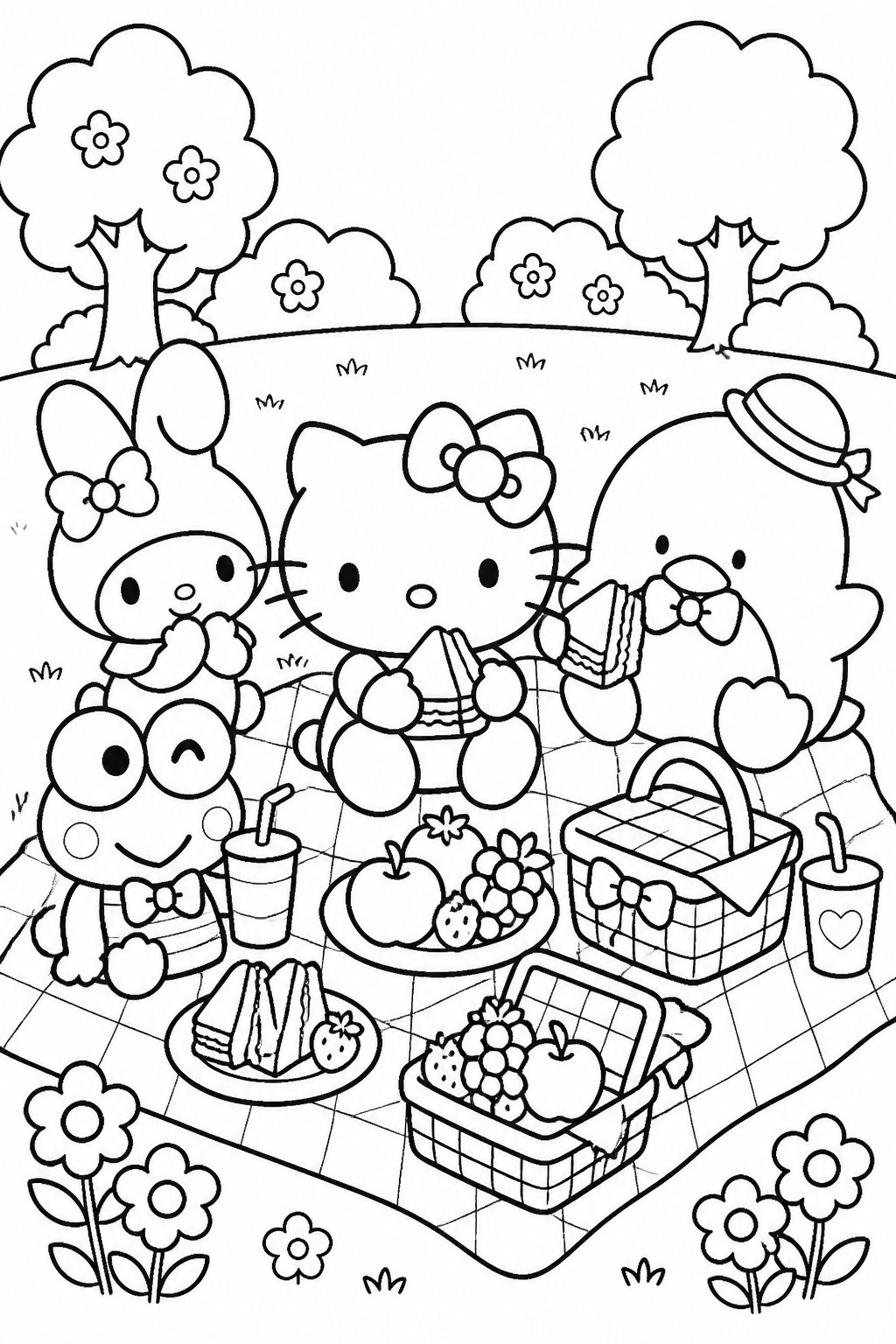 Hello Kitty and friends having a picnic on a blanket outdoors with baskets of food and trees around them.