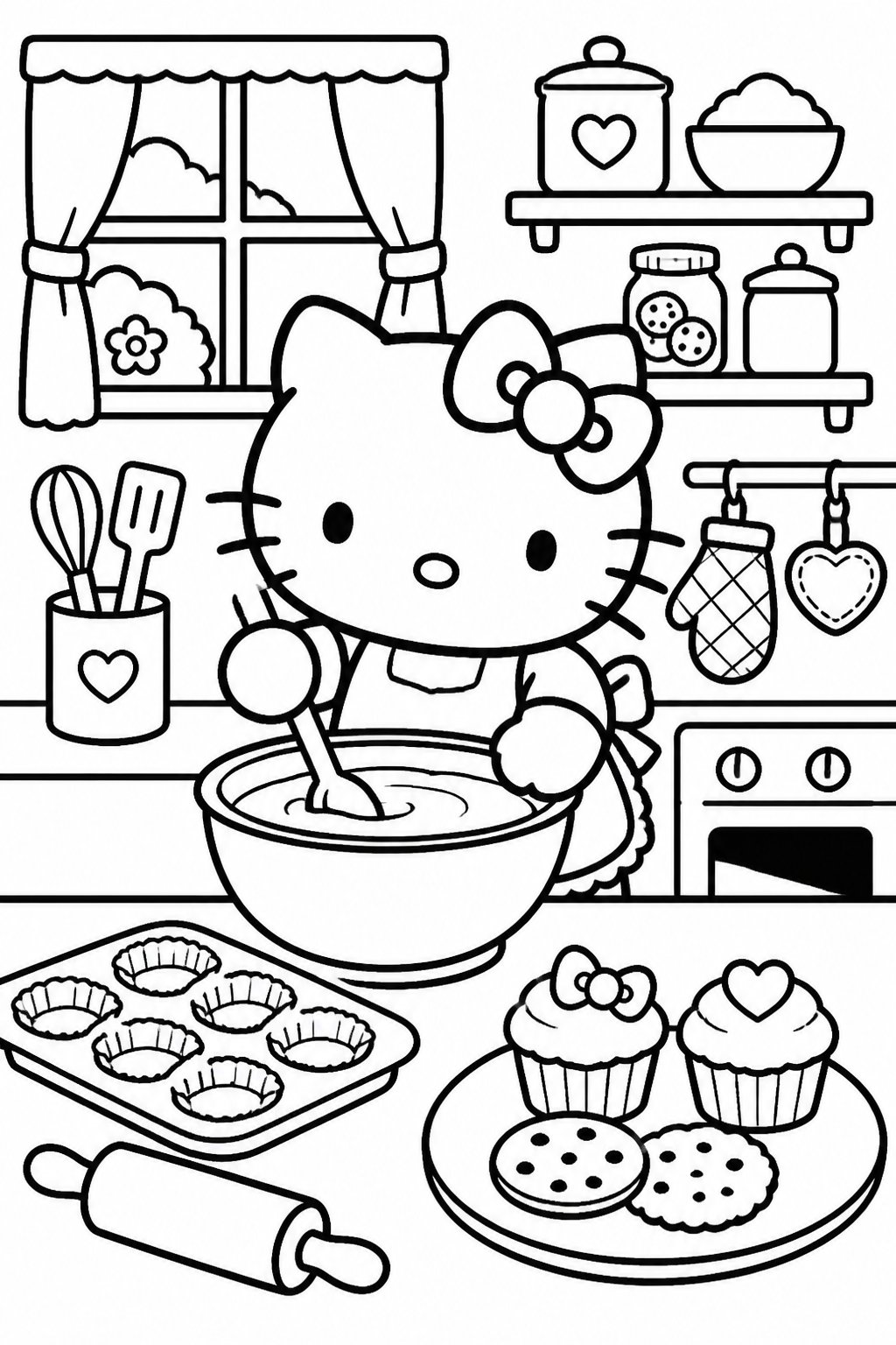 Hello Kitty wearing an apron and bow, mixing batter in a bowl in a kitchen surrounded by baking tools and sweet treats.