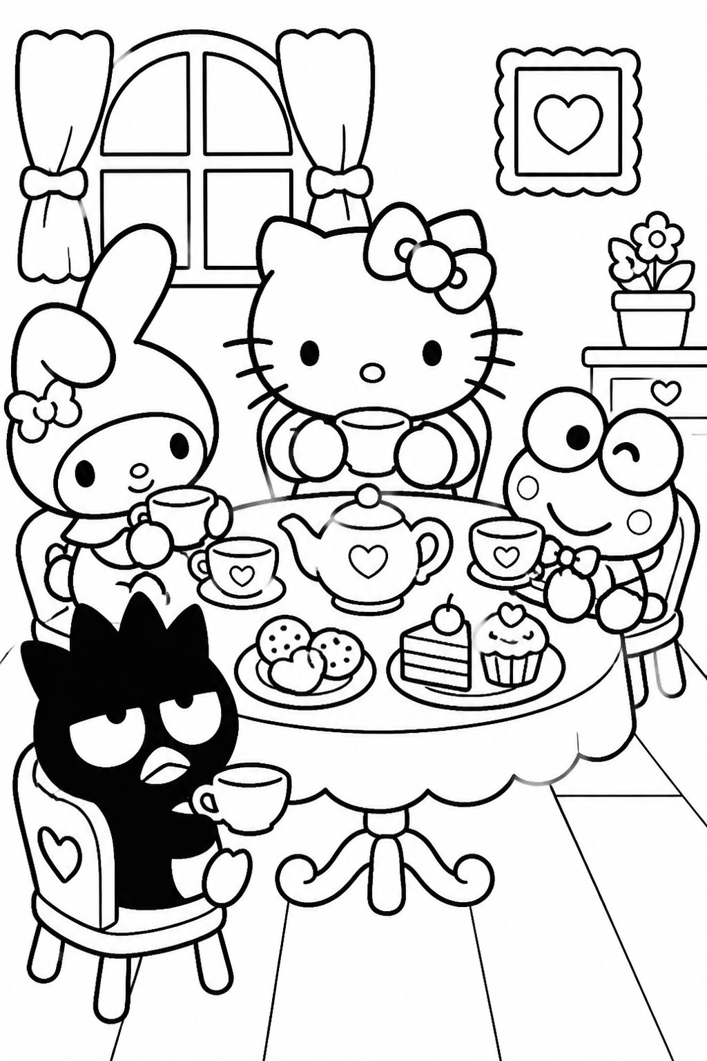 Hello Kitty and her Sanrio friends sitting around a table having a tea party with teacups, a teapot, and plates of cookies and cakes.