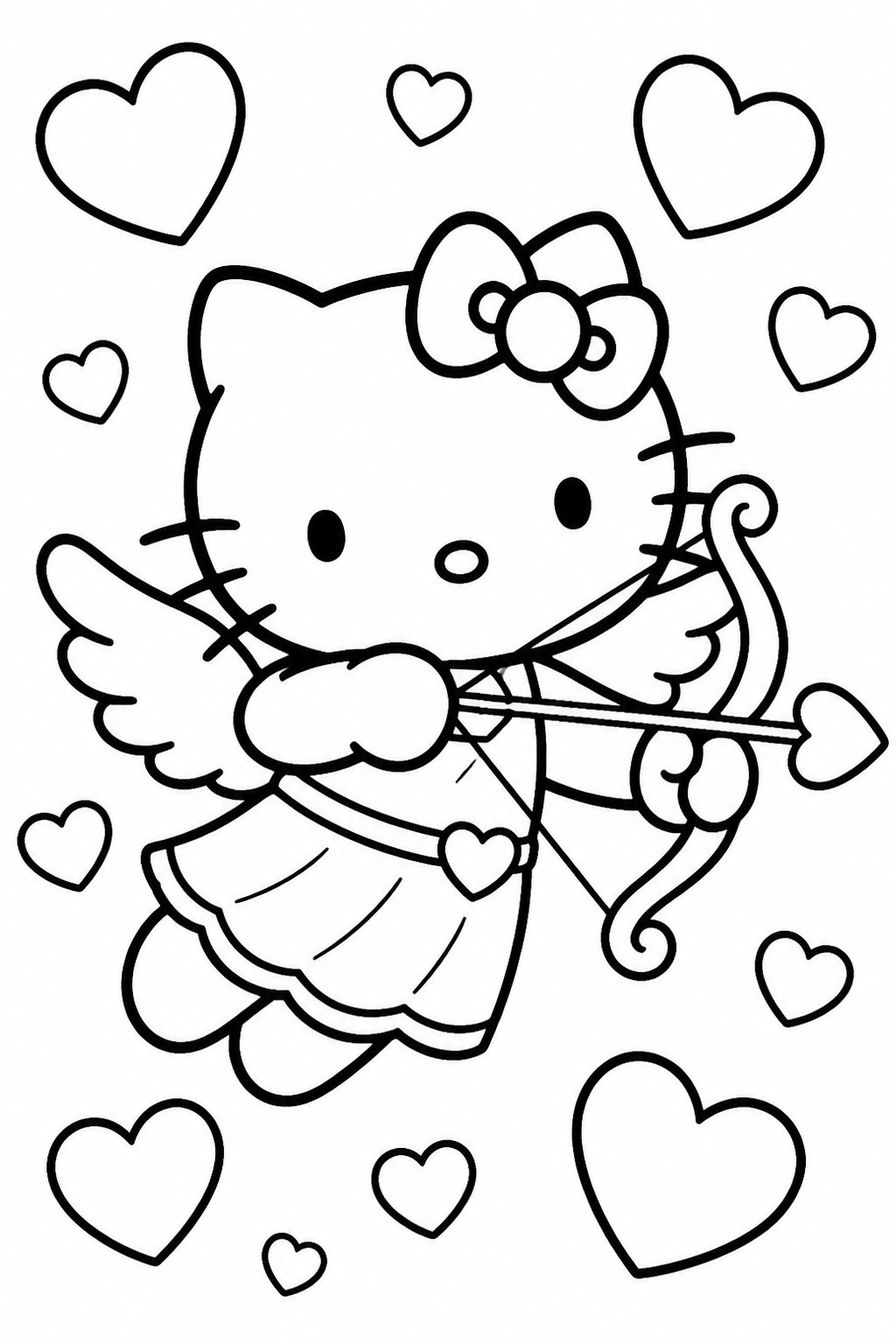 Hello Kitty dressed as Cupid with wings, holding a bow and surrounded by hearts.