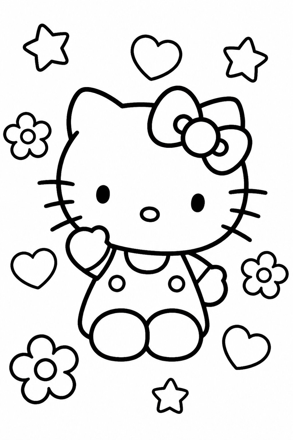 Hello Kitty standing with a bow on her head, surrounded by stars, hearts, and flowers.