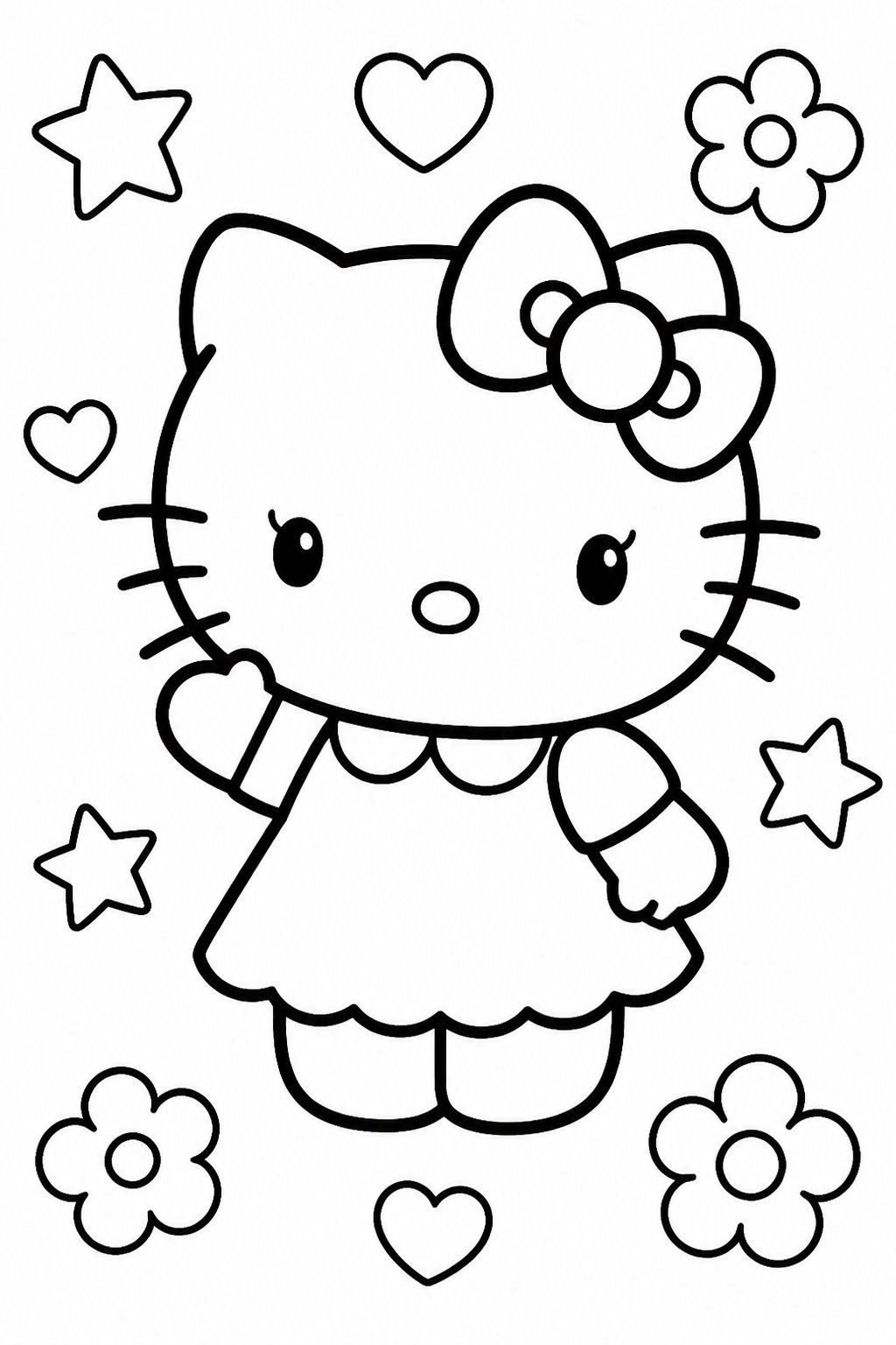 A cute cartoon cat with a bow on its ear surrounded by flowers, stars, and hearts.