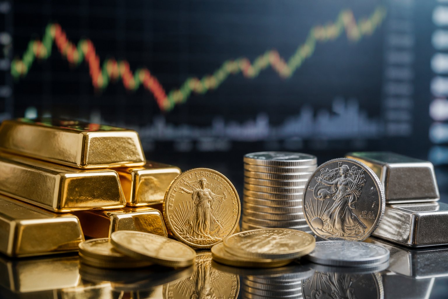 Close-up of gold and silver coins and bars on a reflective surface with blurred financial charts in the background.