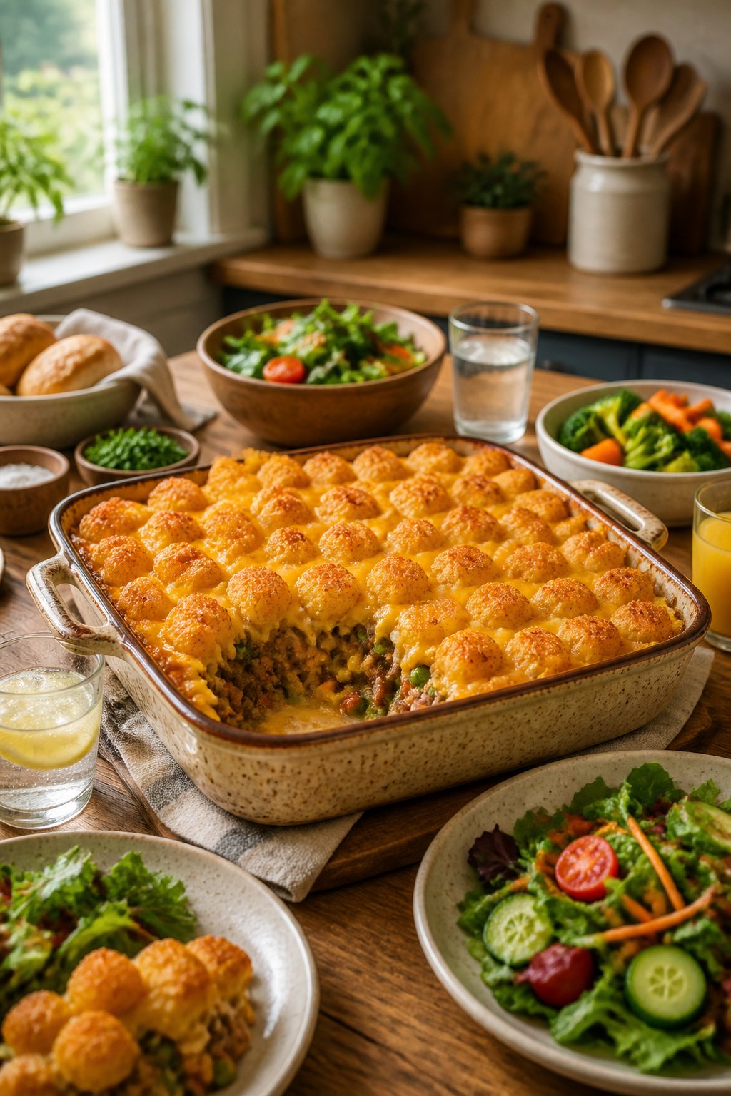 A golden-brown tater tot casserole in a deep ceramic dish on a wooden table, surrounded by small side bowls and drinks in a warm kitchen setting.